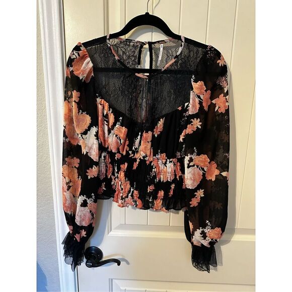 NWOT Free People Daphne Lace Floral Smocked Long Sleeve Black Pink Top Small - Picture 4 of 13